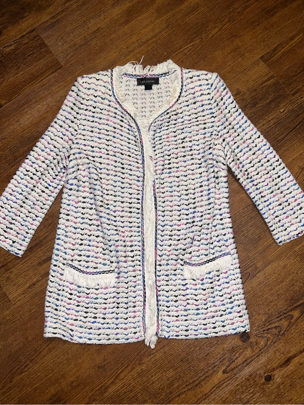 St. John Knit Ivory Tweed Jacket Cardigan Fringe Luxury Academia Preppy Size 4 - Picture 2 of 12